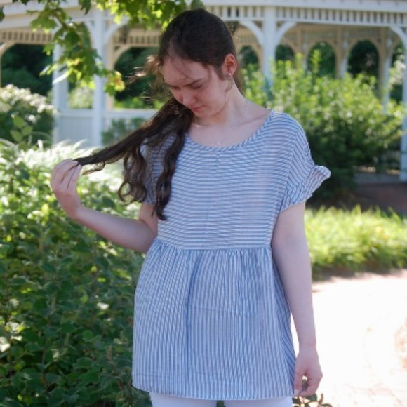 Spring / Summer/ Easter Top Blue and White Striped Top Hailey & Co - Picture 1 of 7